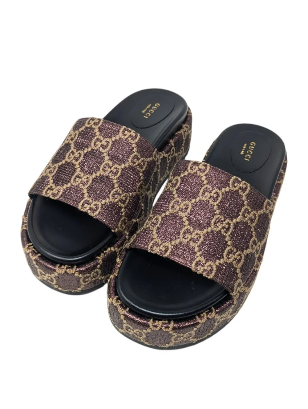 Gucci Brown Monogram Lame Angelina Platform Slide Sandals Size EU 39